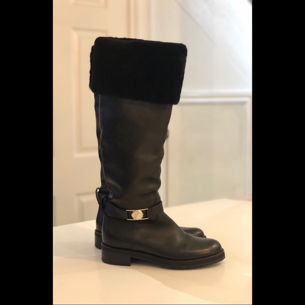 Versace Knee High Fur Trimmed Riding Boots